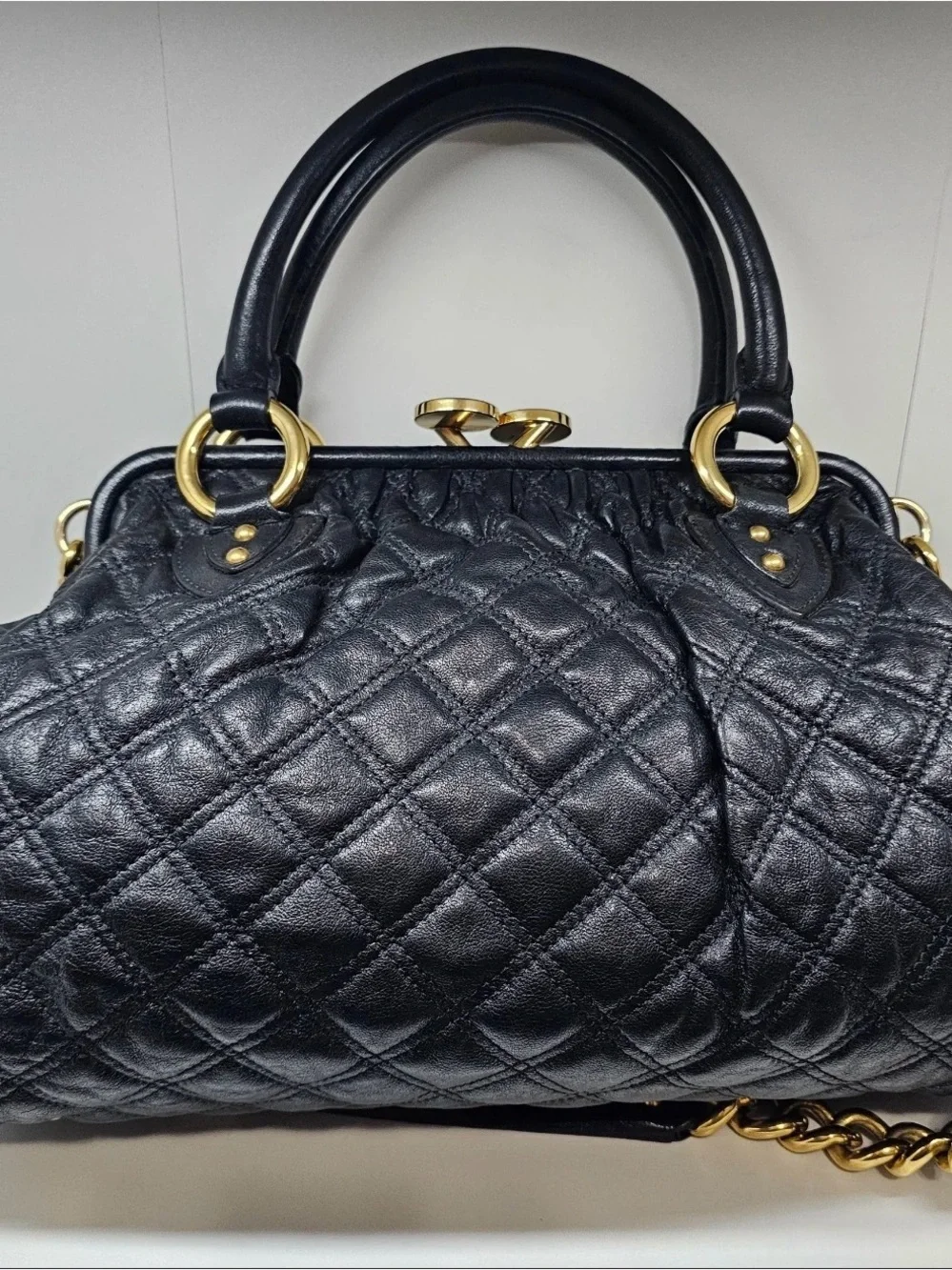 Marc Jacob’s Stam Luxury Quilted Black Satchel with Gold Hardware